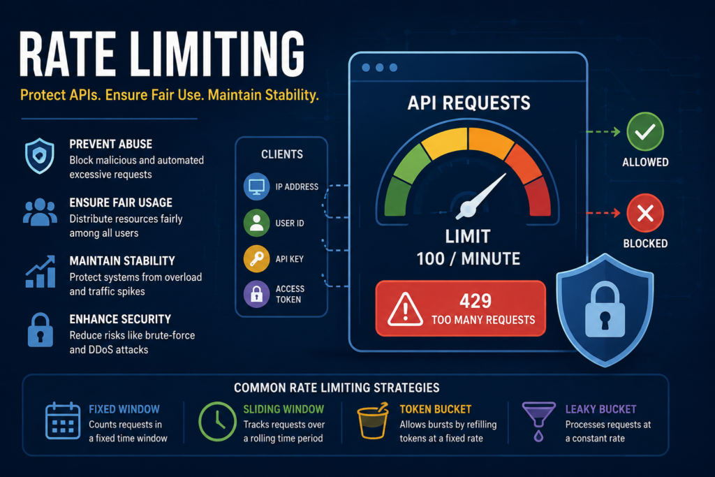 Infographic illustrating API rate limiting, including request limits, HTTP 429 Too Many Requests, client identification methods, and common algorithms such as Fixed Window, Sliding Window, Token Bucket, and Leaky Bucket.