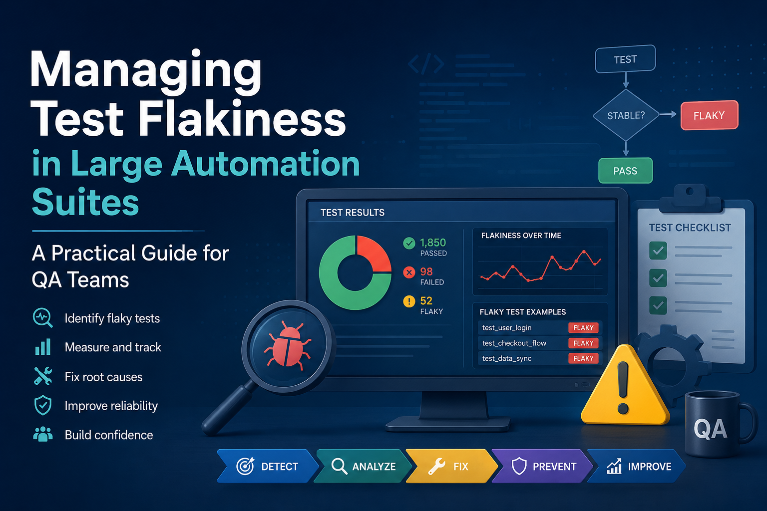 Illustration of QA dashboard showing flaky test detection and automation testing metrics.