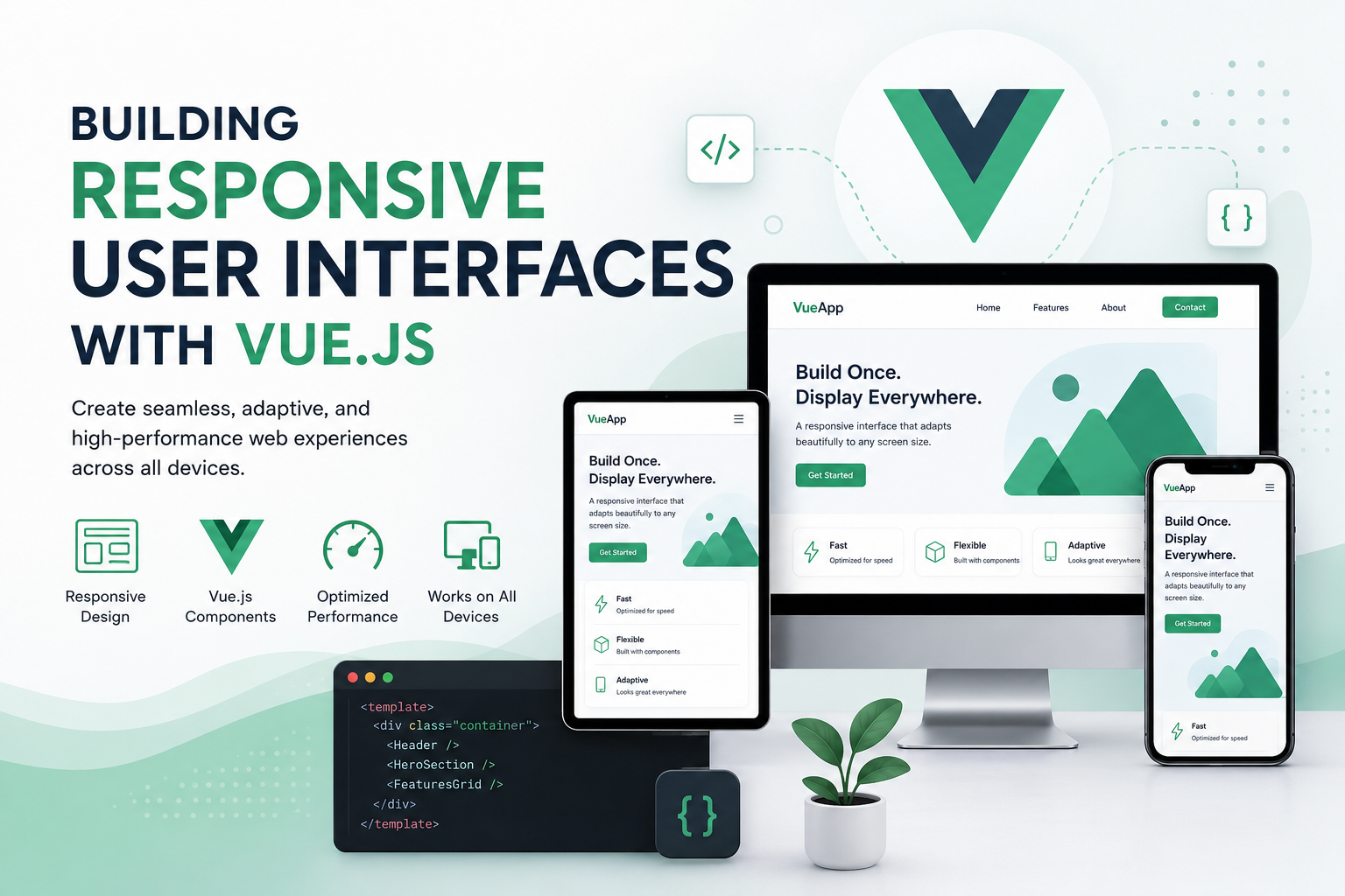 Responsive user interface development with Vue.js displayed across desktop, tablet, and smartphone screens.