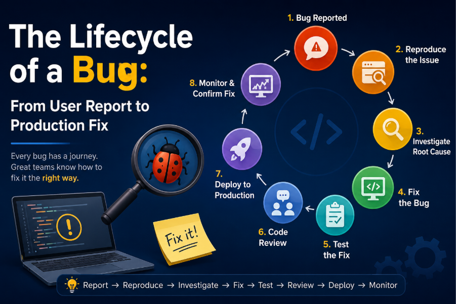 Illustration showing the software bug lifecycle from user report through debugging, testing, code review, deployment, and production monitoring.