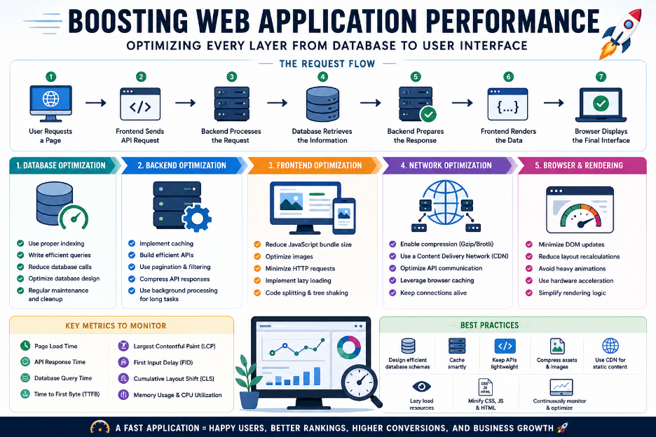 Illustration showing web application performance optimization across the database, backend, frontend, and network layers for faster loading and scalability.