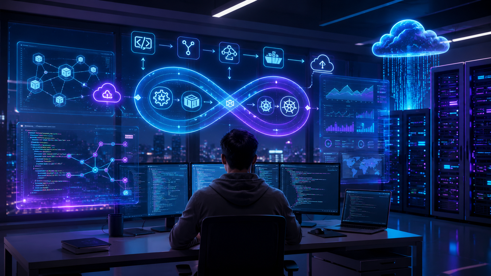 Ultra-realistic futuristic DevOps workspace featuring a software developer overlooking holographic CI/CD pipelines, Docker containers, Kubernetes clusters, cloud infrastructure, servers, Git workflows, monitoring dashboards, and automated deployment systems with neon blue and purple lighting.