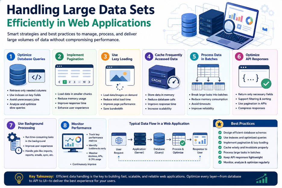 Infographic showing eight best practices for efficiently handling large data sets in web applications, including query optimization, pagination, lazy loading, caching, batch processing, API optimization, background processing, and performance monitoring.