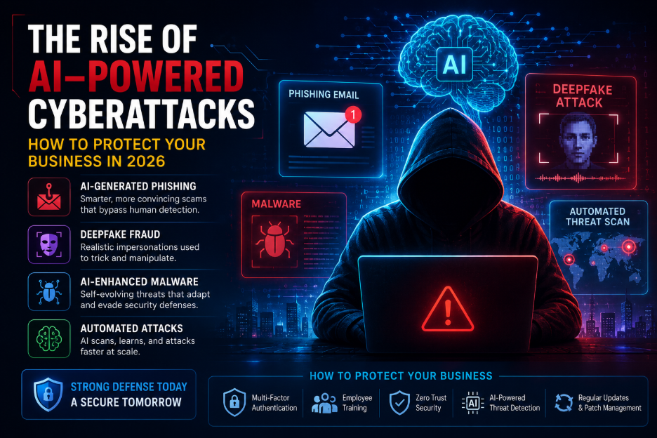 Cybersecurity illustration showing AI-powered cyber threats and business protection strategies.