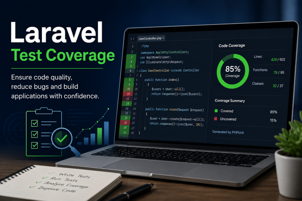 Laptop displaying Laravel application code and a test coverage dashboard, illustrating how to generate PHPUnit and Xdebug code coverage reports for Laravel applications.